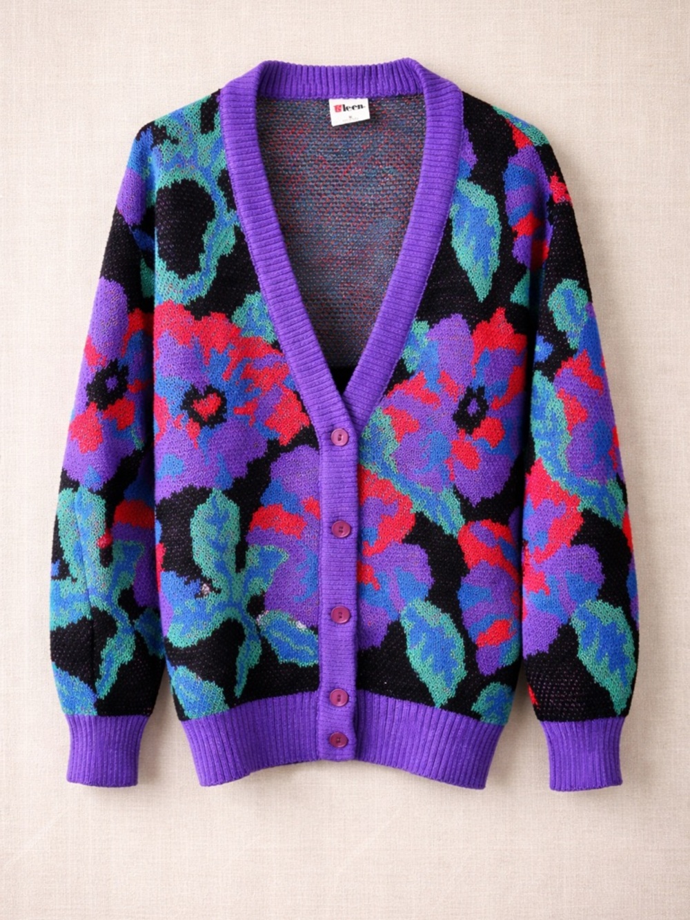 Vintage 90s Aileen Floral Cardigan Women M NWOT Made USA Purple Statement Sweate